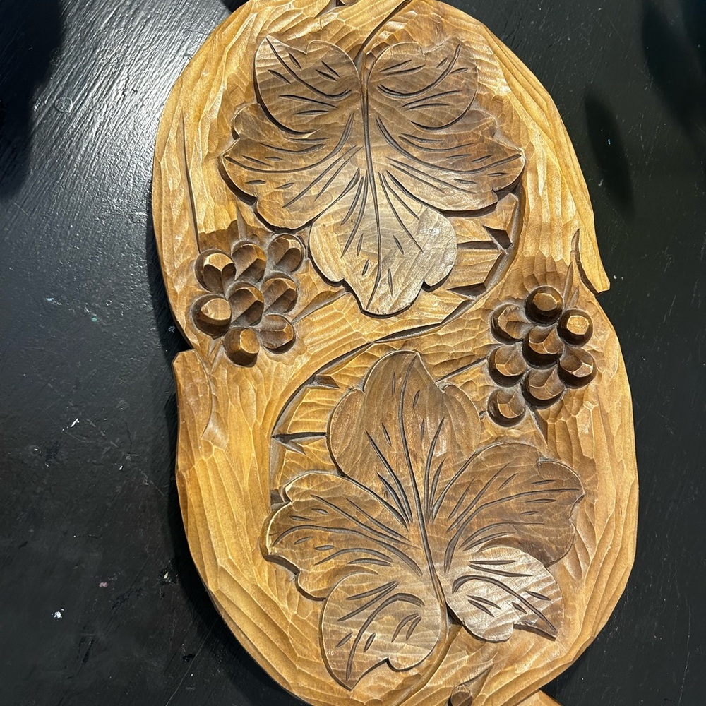 Hand carved Wooden tray with Leaf and Grape Design